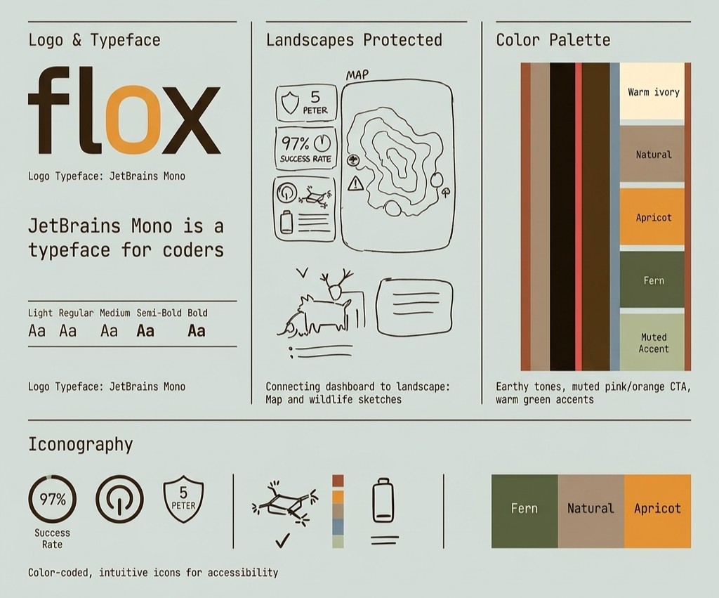 Flox art direction sheet: flox wordmark and JetBrains Mono typeface weights, earthy color palette, map and wildlife sketches, and color-coded iconography