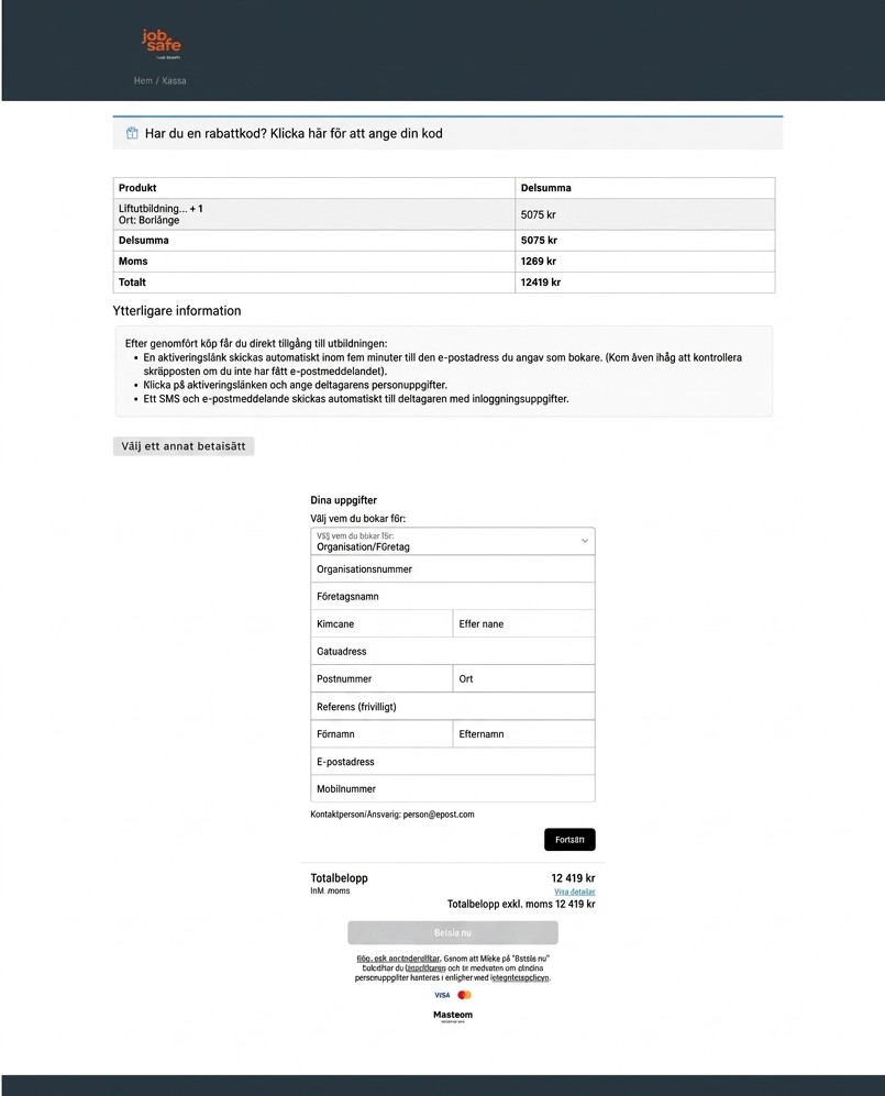 Old Jobsafe checkout page, a long single-column form